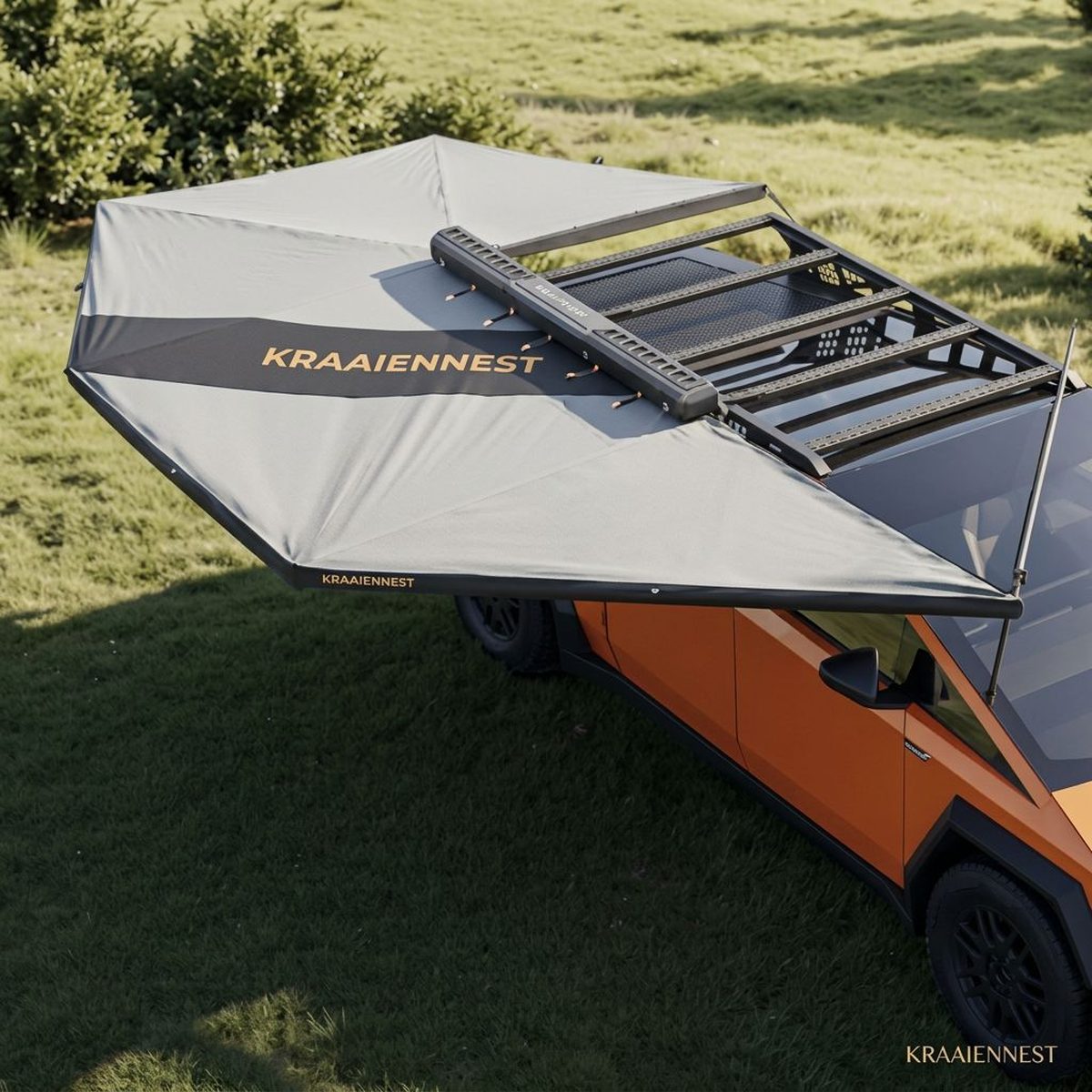 Kraaiennest Zeewind 270 luifel uitgeklapt over een pick-up in een grasveld, vrijstaand zonder steunstokken